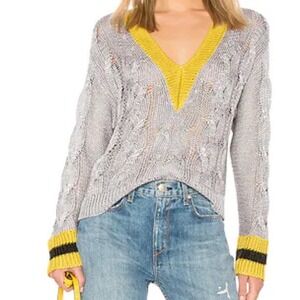 rag & bone Emma Silver Metallic Knit V Neck Sweater Yellow Trim Cuffs XS Varsity